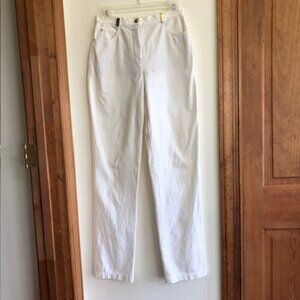 ST. JOHN SPORT White Jeans Straight Leg High Waist Stretch Gold Trim Bel…